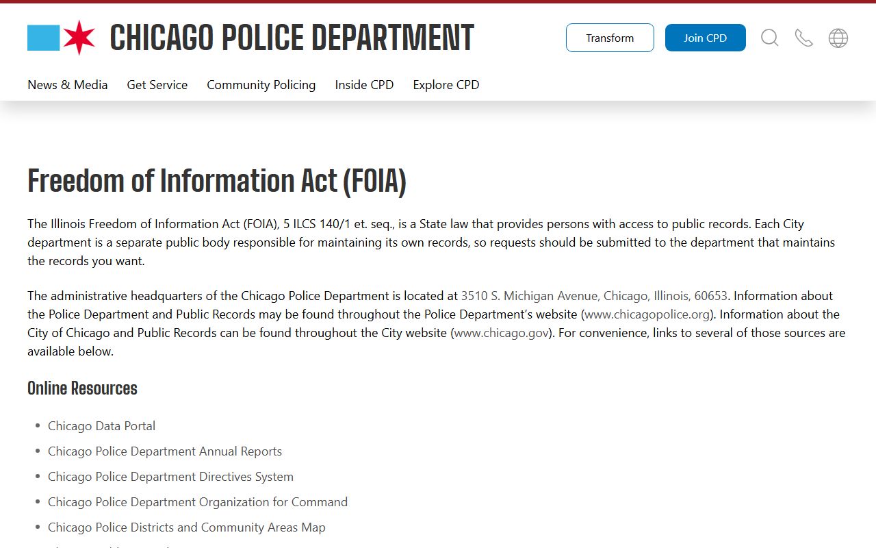 Chicago Police Department FOIA page for 72 hour booking records