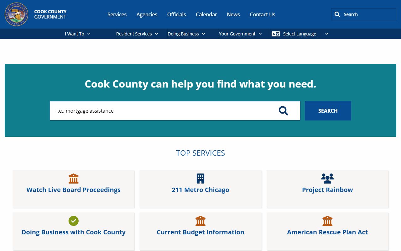 Cook County government homepage for 72 hour booking resources