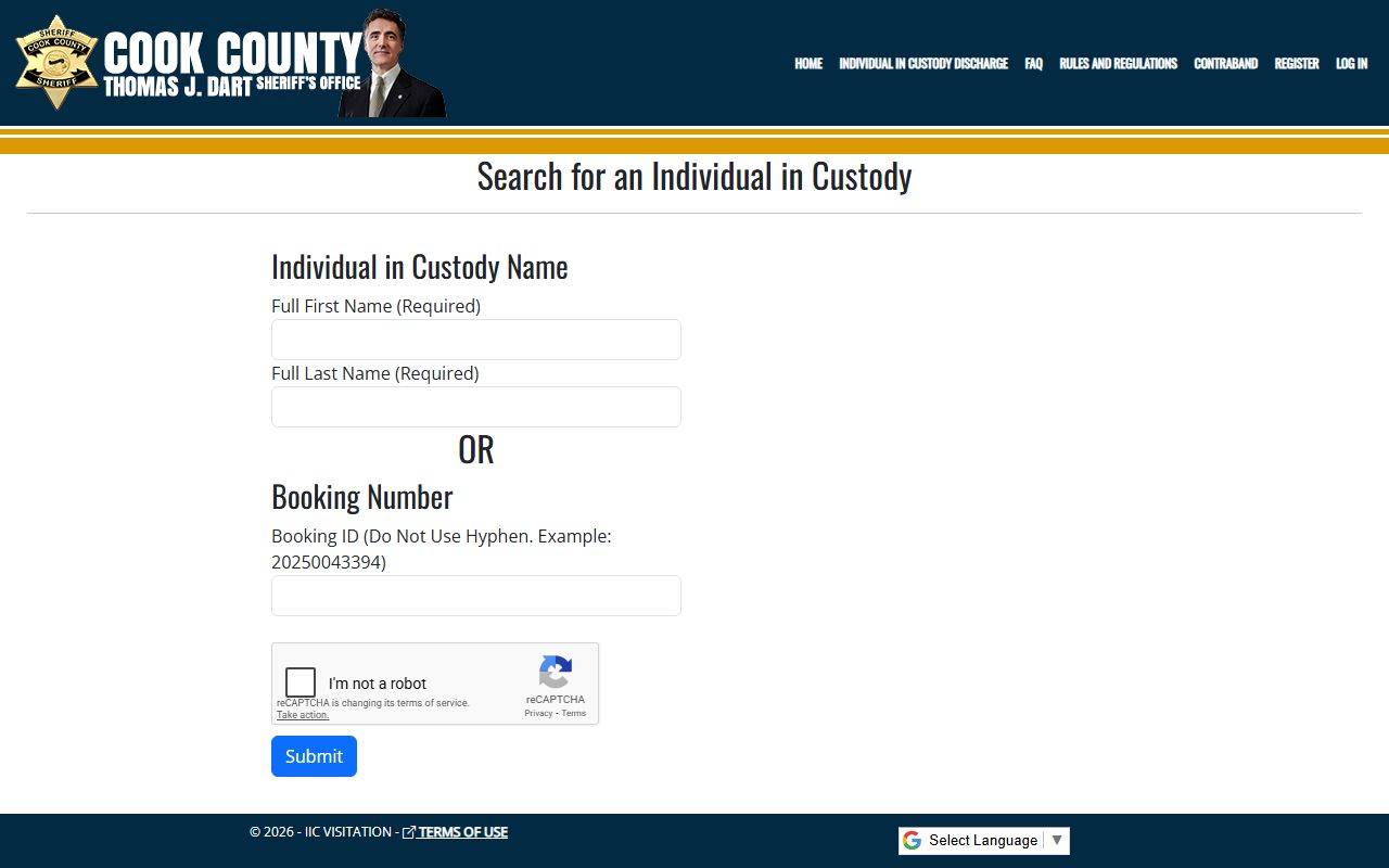 Cook County inmate locator search tool for 72 hour booking records