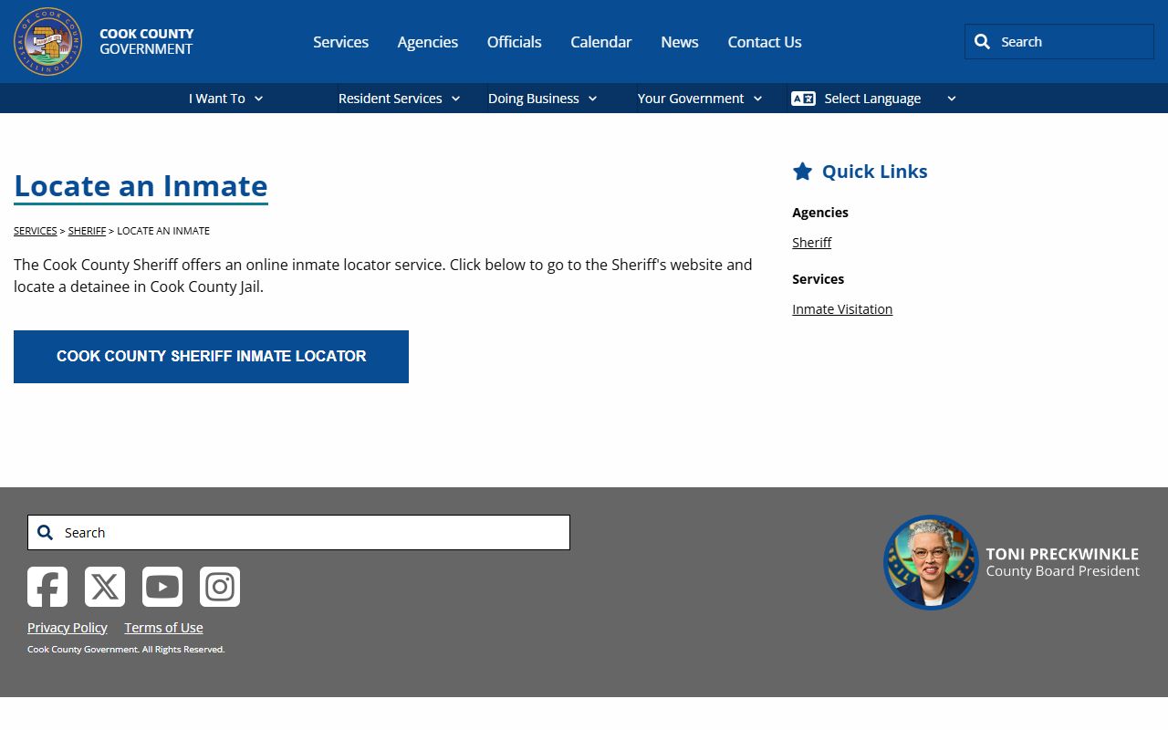 Cook County government inmate service page for 72 hour booking