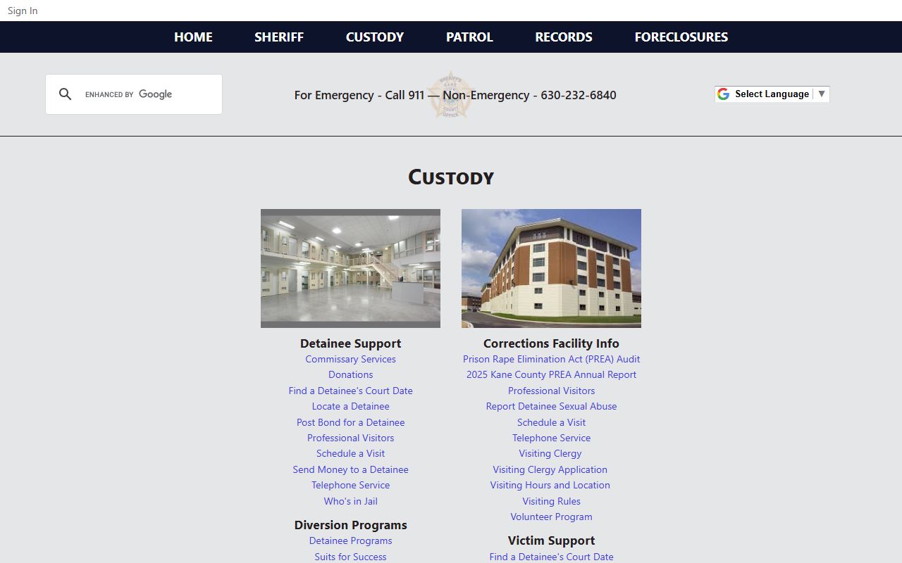 Kane County corrections menu for booking data