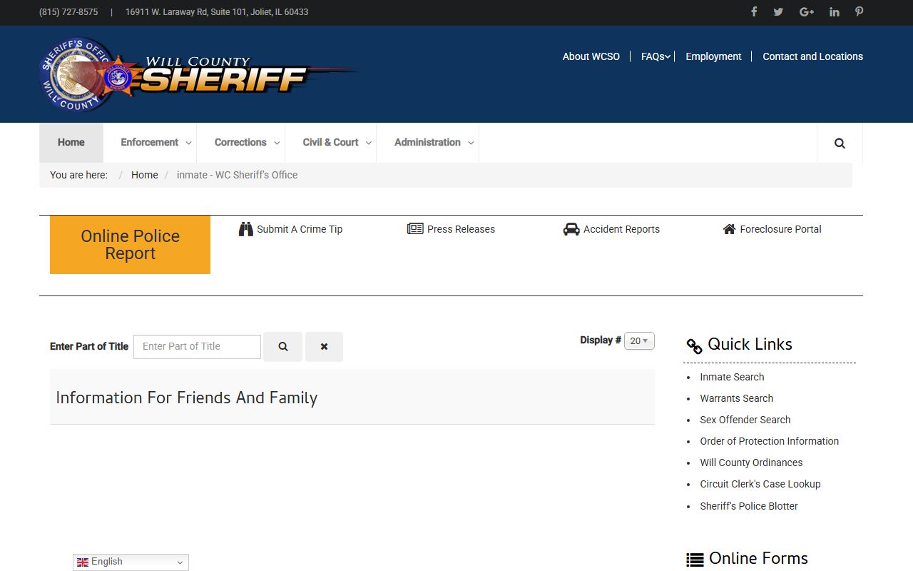 Will County inmate search portal for 72 hour booking lookup