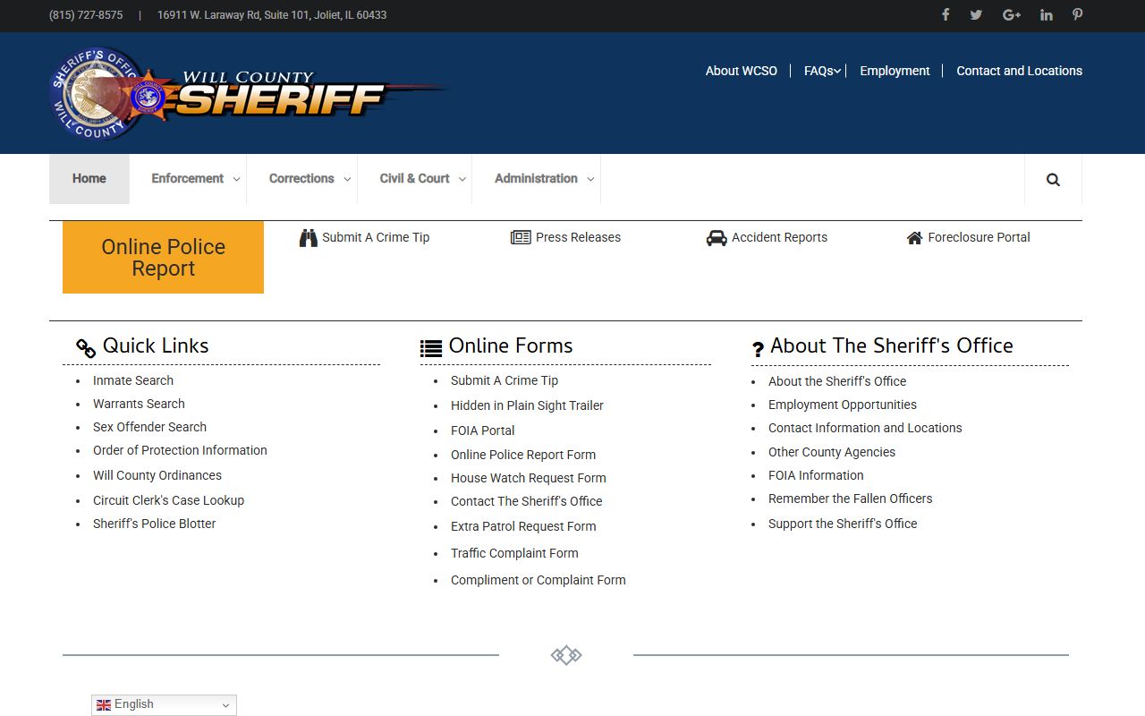 Will County Sheriff's Office homepage for 72 hour booking records