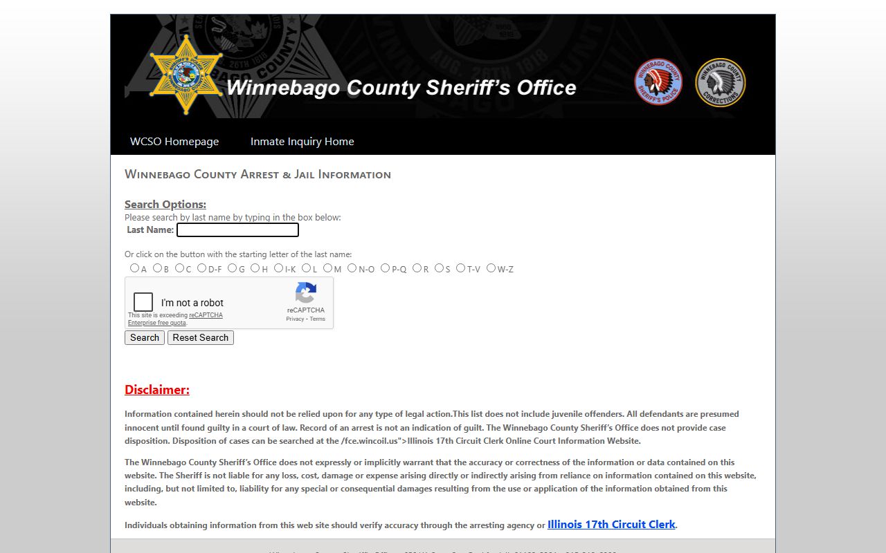 Winnebago County inmate search database for 72 hour booking lookup