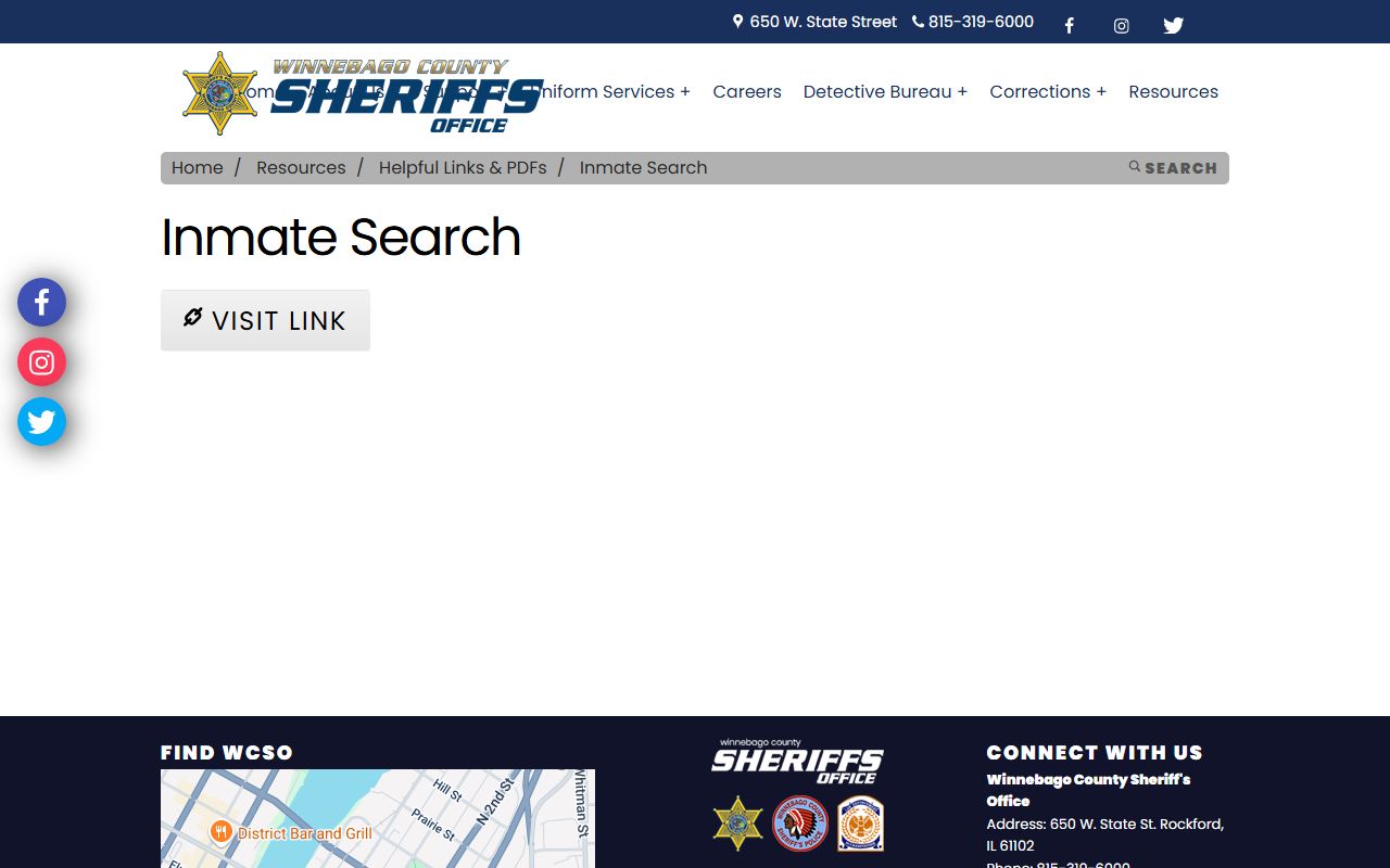 Winnebago County inmate search links page for 72 hour booking