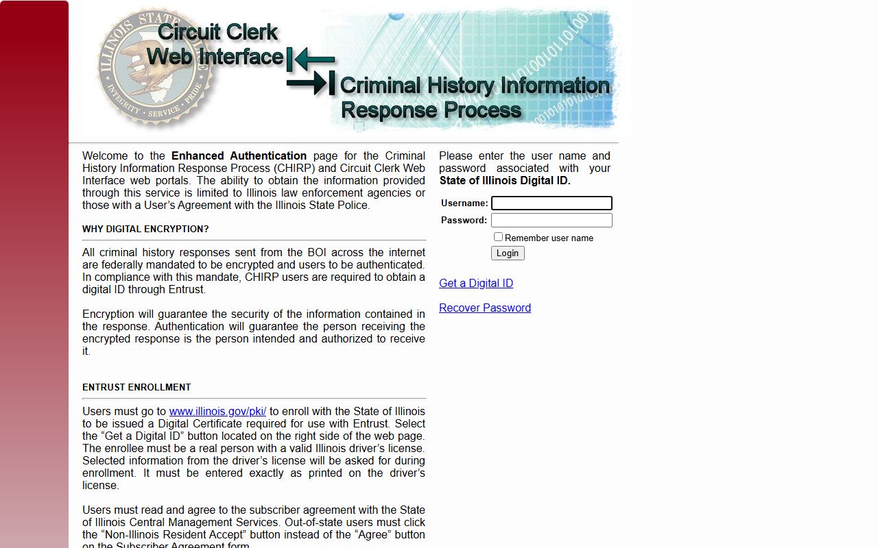 Illinois CHIRP login portal for 72 hour booking criminal history