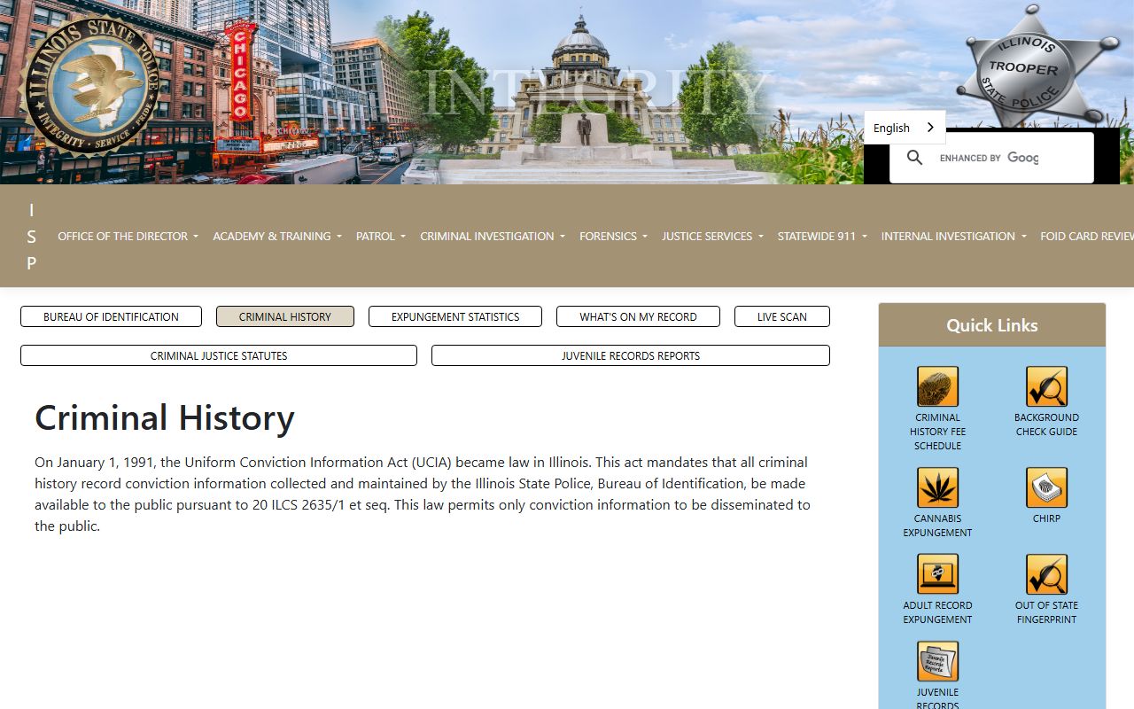 Illinois criminal history information page for 72 hour booking