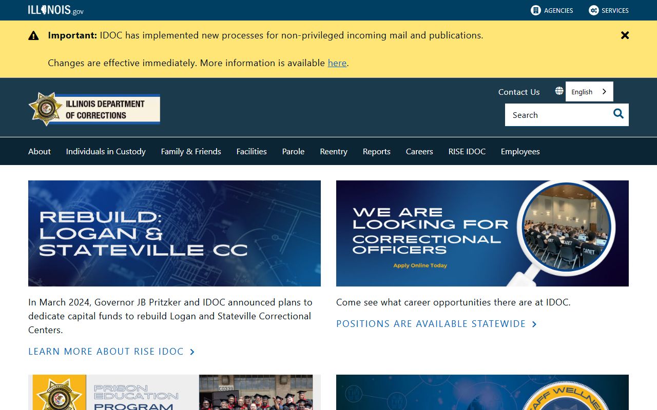 Illinois Department of Corrections homepage for 72 hour booking lookup