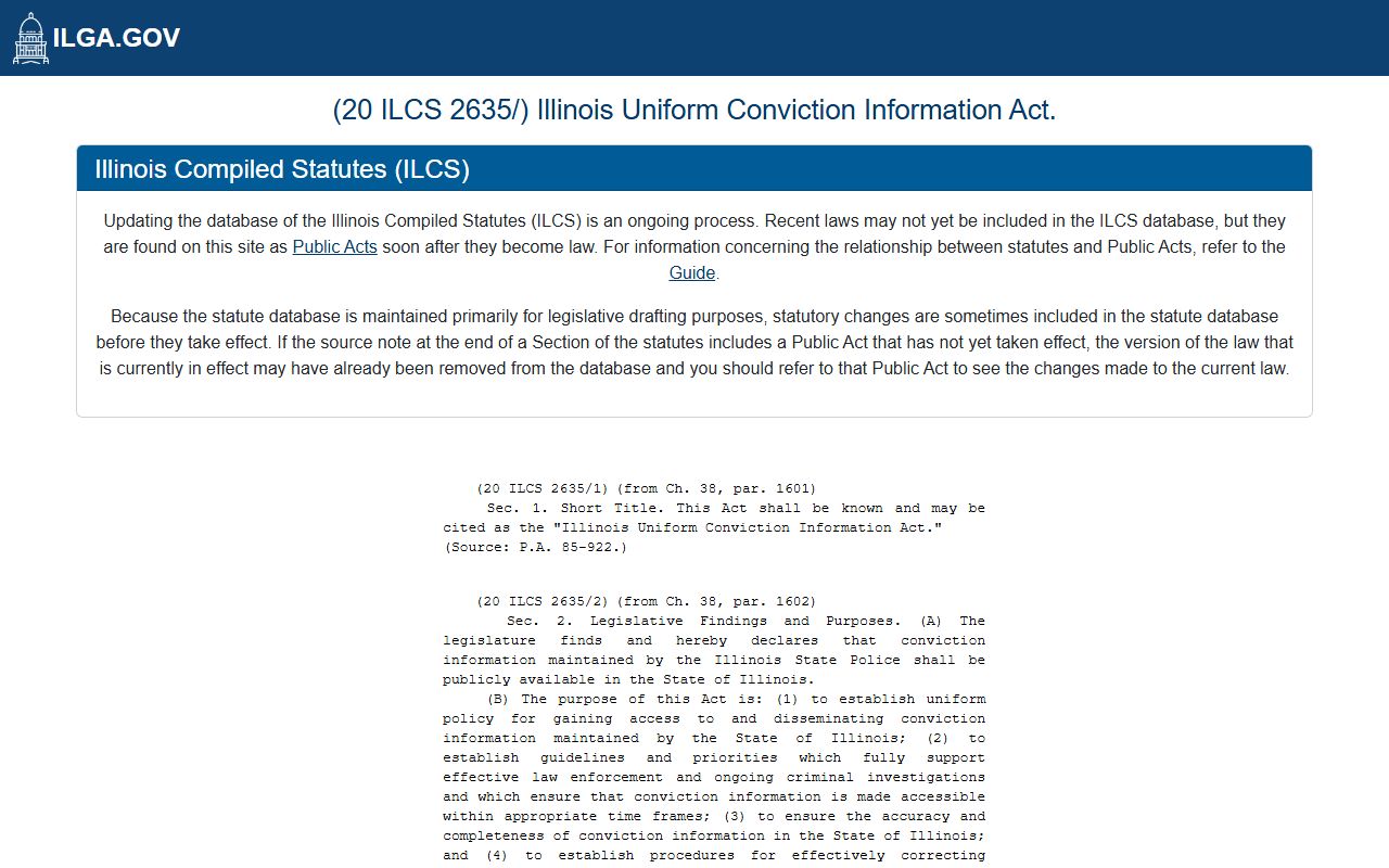 Illinois UCIA statute page for 72 hour booking conviction data